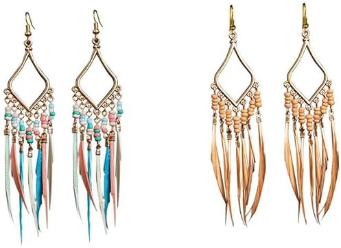 Pendientes Bohemios Vintage 2 Pares Pendiente de Plumas Naturales Pendientes Largos Borla Para Complementos de Vestir, Regalos de CumpleañOs, Carnaval