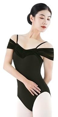MZSKLW Dam danslinne trikåer balett trikåer för kvinnor gymnastik trikåer elastiskt nät skarv balettkostym sexig djup V-krage bodysuit linne dans kläder balett dans trikåer, Svart, S