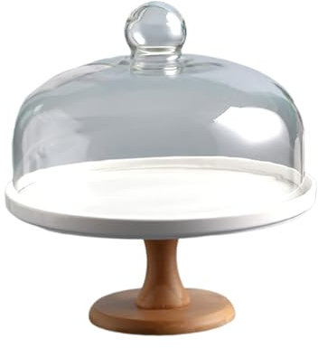Ceramic Cake Stand with Acacia Wood Base Elegant Cake Display Stand with Dome for Wedding Party Birthday 8 Inch