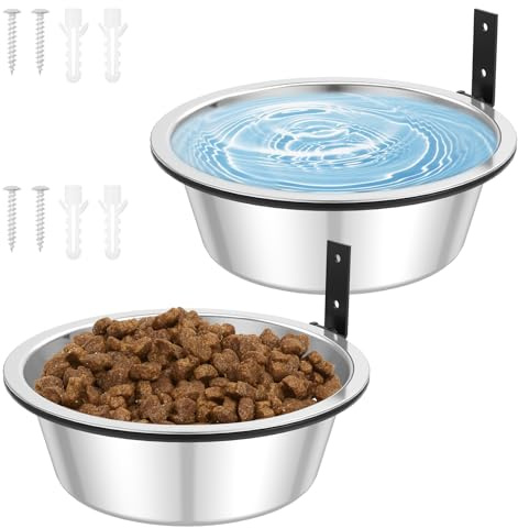 2 Pack Wall Mounted Dog Bowl 21cm Foldable Stainless Steel Raised Dog Feeder Food and Water Bowls Adjustable Height Wall Hanging Pet Food Bowls for Dogs Cat Bird Guinea Pig Rabbit Chicken