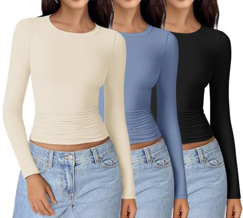 Ekouaer Langarmshirt Damen Seitlich Gerüscht Themroshirt | Rundhals, Longsleeve 3 pack Set, Basic Tops, Thermo Oberteil, Slim Fit, Atmungsaktives Baselayer für alltag & outdoor