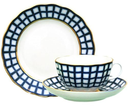 Lomonosov Imperial Porzellan-Teeservice, 3-teilig, Tulpenmuster, Kobaltzellenmuster, 240 ml, Blau und Weiß mit Goldrand