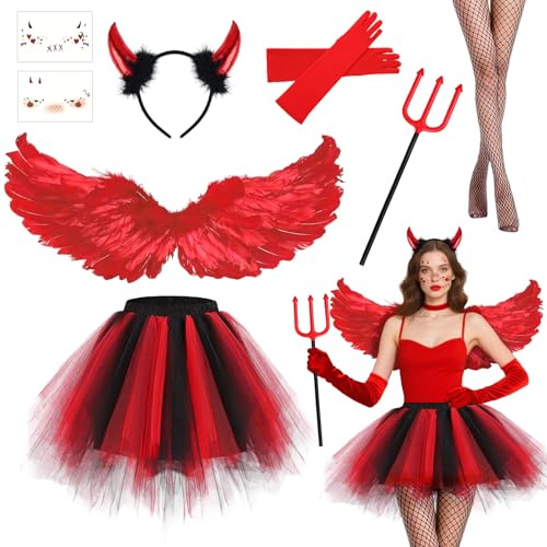 Deguisement Halloween Femme Fille Deguisement Diable Costume d'ange avec Ailes Rouge, Cornes Diable, Fourchette, Jupe Tutu, Gants et Bas Résille, Déguisement Ange et Démon Costume Carnaval Halloween