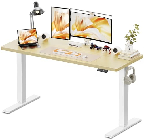 WALKINGDESK Höhenverstellbarer Schreibtisch 160 x 60 cm, Eiche | Elektrischer Stehschreibtisch, 4 Speicherpositionen, Zweiteilige Tischplatte, Computertisch mit 2 Haken für Homeoffice