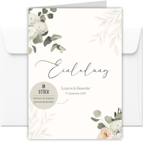 10 personalisierte Einladungskarten Eucalyptus Blüten inkl. Umschläge für Hochzeit, Geburtstag, Konfirmation, Kommunion, Taufe | Klappkarte DIN A6 (Eucalyptus Blüten Beige personalisiert 10 Stück)