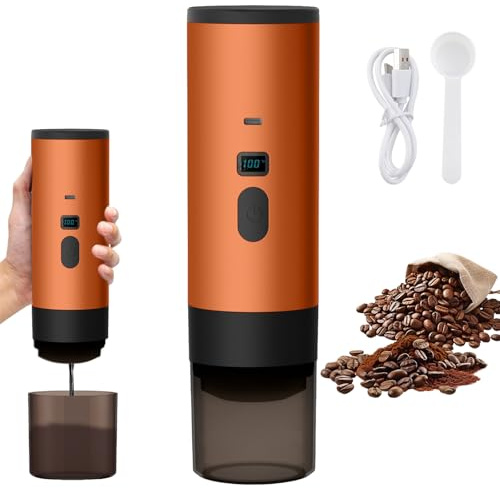 Doramier 3 En 1 Machine Cafe Portable, 72W machine a cafe portable Rechargeable, Compatible avec les Capsules Espresso et Café Moulu, Cafetière à Expresso pour Bureau Camping Voiture Voyage (orange)