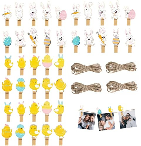 LZPLJLWS Mollette per Foto di Pasqua con 40 mollette in Legno a Forma di Coniglio, Mini mollette Decorative per Foto, Foto, Dipinti, Decorazioni Pasquali, con spago Incluso, perfette per Feste e Deco