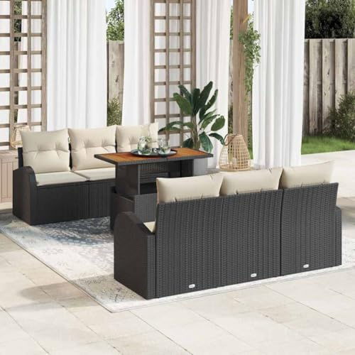QJBSAVVA Gartenlounge Schwarz 7-Teiliges Poly-Rattan Balkonmöbel-Set mit Stauraum, modular 55 cm Tiefe, Modernes Design für Balkon, Terrasse und Garten
