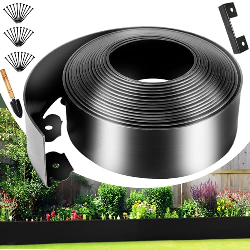 Flexible Rasenkante Kunststoff 10cmx10m, mit 30 Erdanker,1 Verbinder und1 Kleine Schaufel,für Rasen, Gartenbeet und Hof，Schwarz：10cmx10m