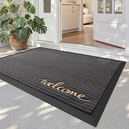 DEXI Felpudo Entrada Casa 80 x 120 cm, Felpudos Antideslizante y Atrapar Suciedad, Fácil de Limpiar, Alfombra Atrapapolvo Exterior e Interior para Puerta, Jardín, Gris Bienvenida