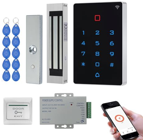 Kit contrôle d’accès WiFi Tuya RFID – Clavier à Code Tactile rétroéclairé IP68, Ventouse électromagnétique 180KG (400LBS) NC Fail Safe, Alimentation DC12V, Bouton de Sortie + 10 Badges RFID 125kHz