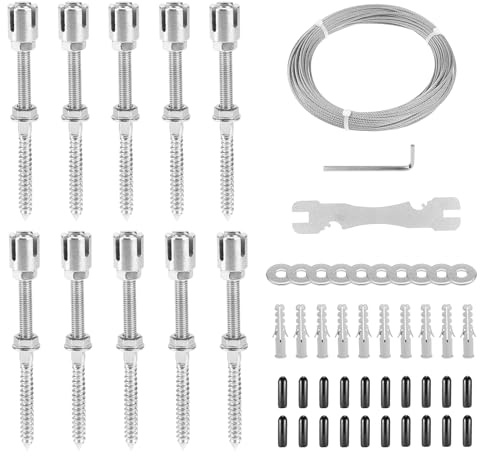 EXLECO Spaljé av rostfritt stål för klätterväxter med 10 hållare och 16 m x 3 mm rep, väggväxt, klätterståltrådsvajer rostfritt stål, spaljé, vägg, klätterställning för växter, rosor, clematis