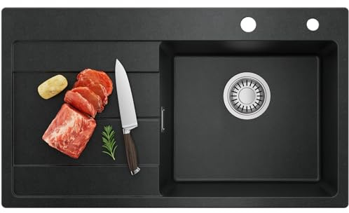CECIPA Spülbecken mit Abtropffläche, Spüle Küche 78x45 cm Schwarz Granit | Spüle Küche, Spülbecken Schwarz aus Granit mit Abtropffläche, Küchenspüle für 45 cm breite Unterschränke, Waschbecken Küche