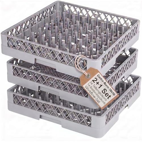 MORLEOS set cestas lavavajillas 50x50 cm, 2 cestas para platos con soportes + 1 cesta cubiertos fina, escurridor profesional hostelería lavavajillas industrial