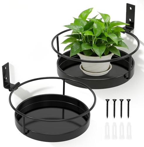 ATopoler 2 Pcs Wall Plant Pot Holder,7.8in Heavy Duty Metal Wall Mounted Flower Pot Ring Stand,Black Decorative Floating Shelves Planter Hanger for Balcony Living Room Bedroom and Outdoor