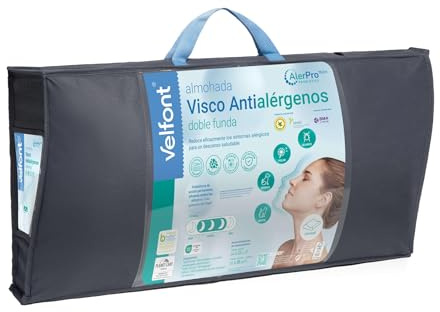 Velfont Almohada Ergonómica Viscoelástica Antialérgenos con Tecnología AlerProTECH, Doble Funda 100% Algodón y Microfibra, Alta Densidad, Firmeza Media (Cervical)