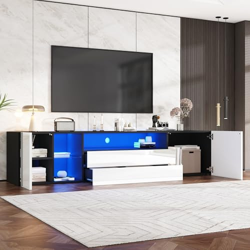 XQJLSL Mueble de TV Alto Brillo con 2 cajones 2 Puertas baldas Abiertas cómoda con LED bajo de Tablero para hasta 75 Pulgadas Armario de televisión para salón Mesa TV Negro