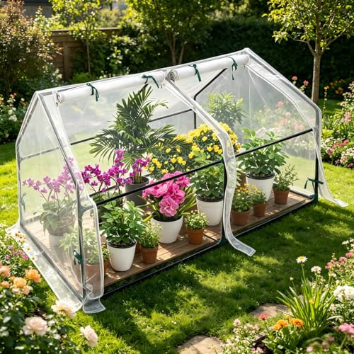 Suusolny Mini Gewächshaus 180x90x90cm, Tomatengewächshaus & Frühbeet, Mit Tür und Fenster, Weiß, Insektenschutzabdeckung, Glasfaser, atmungsaktiv & insektsicher