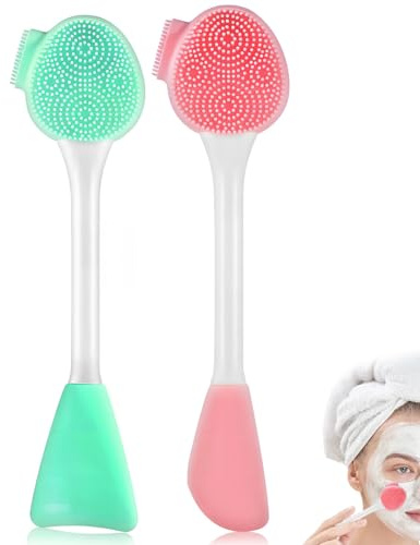 Facial Cleansing Brush,Silicone Face Scrubber 3 in 1 Face Mask Brush for Exfoliating Deep Pore Cleansing DIY Mask(2Pcs,Green and Pink)