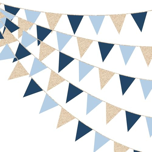 pinkblume 30Ft Bleu Marine Champagne Doré à Paillettes Papier Fanion Bannière Guirlande Décoration de fête Champagne Or Gris Bleu Drapeau Banderole pour Diplôme Anniversaire Mariage EVJF Nautique Déco