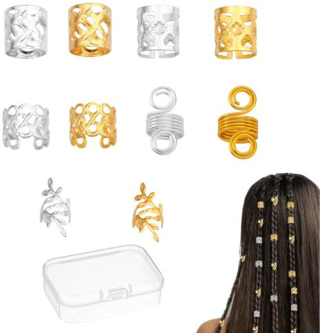 JOVYTH 100 Stück Haar Accessoires Dreadlocks, Perlen Und Clips Für Zöpfe, Inklusive Aufbewahrungsbox, Goldene Haarspiralen, Für Braids, Cornrows, Twists, Metall, Glänzend, Vielseitig