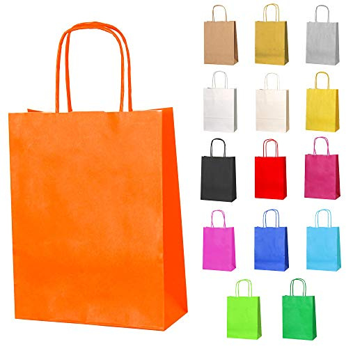 Thepaperbagstore 25 Orange Kleine Papiertüten mit Henkel 18 x 22 x 8 cm | Farbige, recycelbare Kraftpapiertüten für Süßigkeiten, Geschenke, Hochzeiten, Partys & Events.