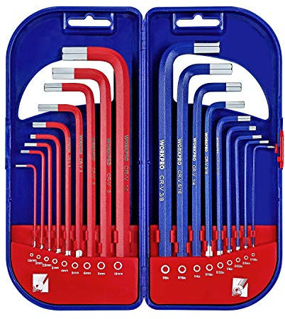 WORKPRO Innensechskantschlüssel Set 18 tlg. Zoll und Metrisch 1,5 bis 10 und 1/16 bis 3/8 Langarm Innensechskant Schlüssel Satz mit Kunststoffbox