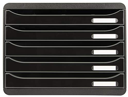 Exacompta 308714D Ablagebox Glossy Querformat mit 5 Schubladen für DIN A+ Dokumente. Belastbare Schubladenbox mit hoher Kapazität für mehr Platz Big Box Plus Horizon Blauer Engel schwarz