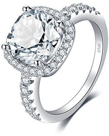 JewelryPalace 3ct Cushion Cut Halo Engagement Rings for Women, White Gold Plated 925 Sterling Silver Promise Rings for her, Anniversary Solitaire CZ Simulated Diamond Ring Set, Girls Womens Jewellery