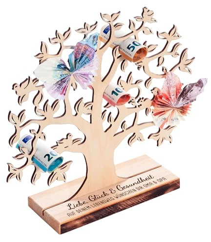 Casa Vivente Geldbaum aus Holz mit Gravur, Personalisiert mit Namen, Geschenkverpackung für Geld, Taufgeschenk, Höhe: ca. 40 cm