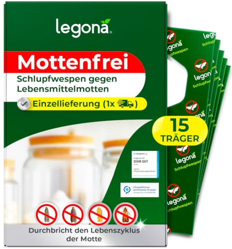 Legona Schlupfwespen gegen Lebensmittelmotten, 15 Träger, Einzellieferung | Ergänzende Lieferung gegen Motten in Küche, Vorratsschrank, Speisekammer und Lebensmittel