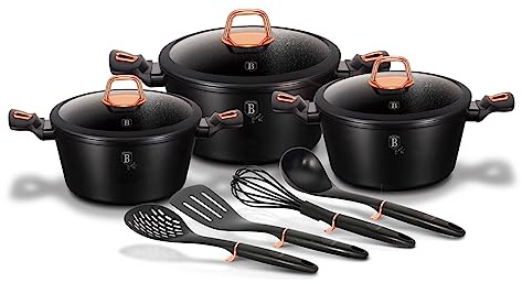 Berlinger Haus Black Rose Batterie de Cuisine à Induction 10 Pièces Antiadhésive Marbre sans PFOA, Aluminium 3 Casseroles 20-24-28cm, 3 Couvercles, 4 Ustensiles, Design Moderne, Vitrocéramique, Gaz Noir Mat BH/6154