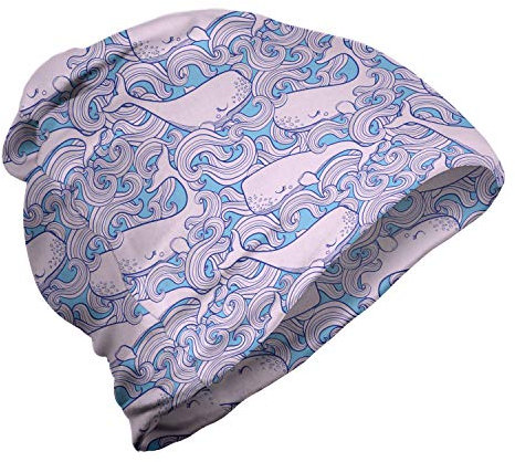 ABAKUHAUS Wale Unisex Beanie, Wellenförmige Motive und Happy Fish, Wandern im Freien, Sky Blue Pale Mauve