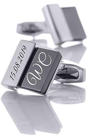 aplusashop ID Manschettenknöpfe Silber-schwarz 04 mit Gravur nach Wunsch Edelstahl Hochzeit mit Box (Mit Gravur)