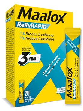 Maalox Reflurapid Blocca il Reflusso Gastroesofageo, Riduce Bruciore e Acidità di Stomaco, anche in Gravidanza - con Bicarbonato di Sodio, Senza Glutine, Senza Lattosio (20 Bustine Gusto Menta)