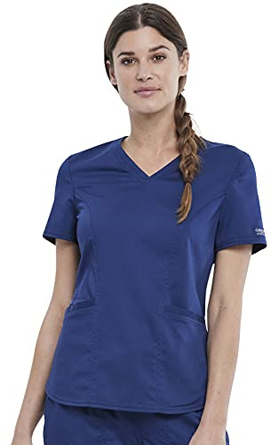 Cherokee Scrubs for Women V-Neck Scrub Top with 2 Pockets, Ultra Soft Stretch, Durable Easy Care Medical Uniform - WW612P, XXS Petite, Navy