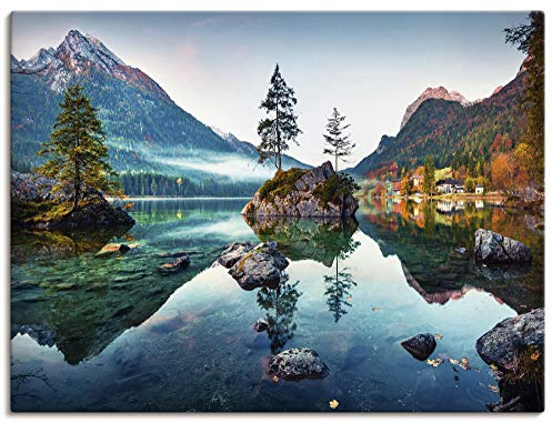 ARTLAND Wanddeko Leinwand Bilder Wandbild 80x60 cm Querformat Landschaft Alpen Berge See Natur Herbst Wald U1TM