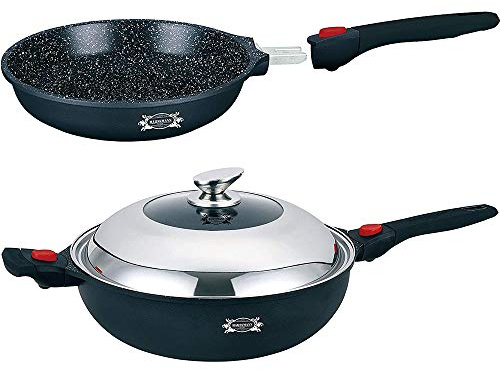 HAUSSMANN heritage Wok 32cm + Poêle 32cm - Fonte d'aluminium - Revêtement antiadhésif type pierre - sans PFOA - Manche Amovible － Tous Feux Dont Induction － HM-WOK1432M + HM-1432M