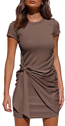 BTFBM Women 2026 Spring Casual Short Sleeve Ruched Bodycon Tank T Shirt Dress Tie Waist Sun Beach Summer Mini Dresses(Short Sleeve Coffee, Small)