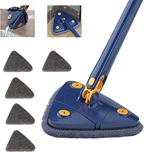 360 Grad dreieckiger Reinigungsmopp, drehbar, verstellbar, Reinigungsmopp, multifunktional, automatischer Push-Pull-Wischmopp (Blauer Mopp + 5 Stück Wischtuch) (weiß)