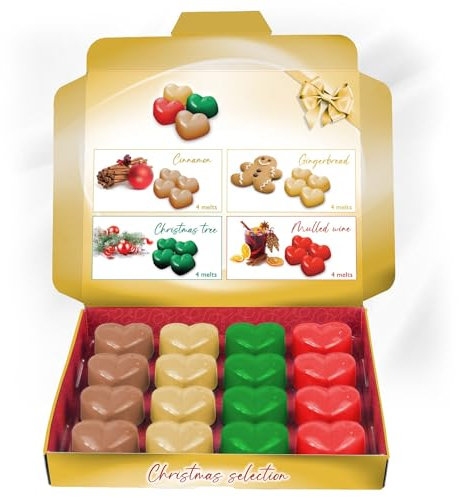 Christmas Wax Melts: 100 Hours Burn Time 16 x 6oz Heart Shaped Melts Presentation Gift Box, 4 pcs Mulled Wine, Christmas Tree, Gingerbread, Cinnamon