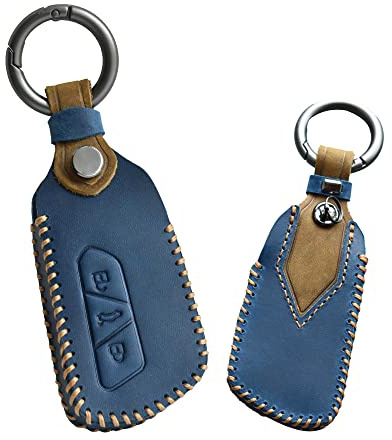 KUNIO Autoschlüssel Hülle Passt für VW Golf 8 R GTI GTE Atlas ID.3 ID.4 GTX Passt für Skoda Tarraco Octavia Enyaq Ateca Leder Schlüsselhülle Cover Schlüsselanhänger Schutzhülle 3 Tasten Blau