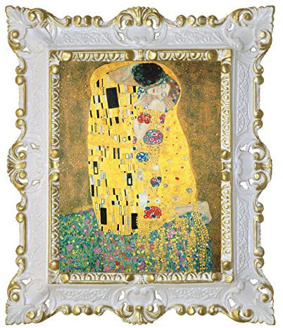 LIGUORO SHOP Drucken Auf Leinwand Papier Der Gemälde Der Kuss Von Gustav Klimt Mit Barockrahmen Cm 45x37 (Weiß/Gold)