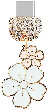 ELISE & FONDA TP209 Type-C Charging Port Crystal Anti Dust Plug Cherry Blossom Cell Phone Charm for Samsung/OnePlus/Xiaomi/oppo Android Phone iPhone 15/16 (White), approx.2.5 cm (L) x 0.2 cm (D) x 3.5