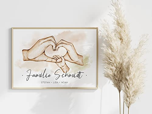 Manschin-Laserdesign Poster Familie Hände personalisiert mit Namen in A4 A3 A2 als Geschenk für Mama zur Geburt Muttertag Familienbild (1 Kind)