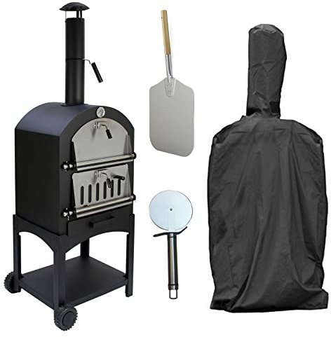 Four Extérieur pour Pizza ⌀ 30cm au Charbon de Bois en En Seulement 20 min - Four de Jardin 156cm x 64cm x 43cm Noir Acier - Barbecue - Grilloir [Pelle, Roulette, Pierre à Pizza & Housse INCLUS]
