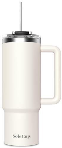 SoleCup. 30oz Travel Mug with Handle, Lid and Two Straws, Drinks Stay Hot for 8 Hours and Cold for 24 Hours - Double Wall Stainless Steel Vacuum Insulated Tumbler (Cream, 30oz)