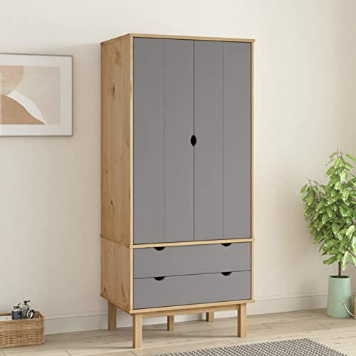 TANZEM Kleiderschrank, Schrank, Schlafzimmerschrank, Mehrzweckschrank, Schrank Schlafzimmer, Kellerschrank, Wardrobe Bedroom, Braun Grau 76,5x53x172 cm Massivholz Kiefer