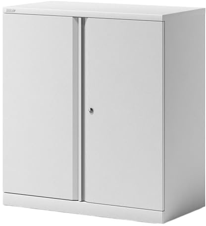 BISLEY Essentials Flügeltürenschrank abschließbar - Stahlschrank mit 3-Punkt-Schloss & Flügeltüren - Aktenschrank aus Metall mit 1 Fachboden für 2 Ordnerhöhen - Farbe: verkehrsweiß