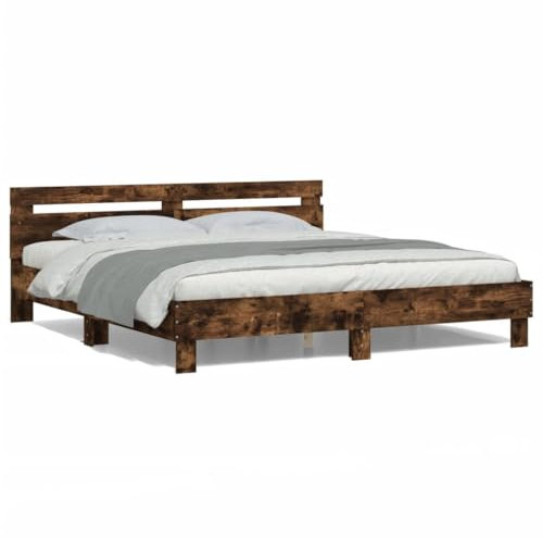 LAPOOH Bettgestell mit Kopfteil und LED-Beleuchtung Räuchereiche, Bett, Bed Frame, Familienbett, Bettrahmen, Bett Gestell, Bett Rahmengestell, Schlafzimmer Bett - 3207536
